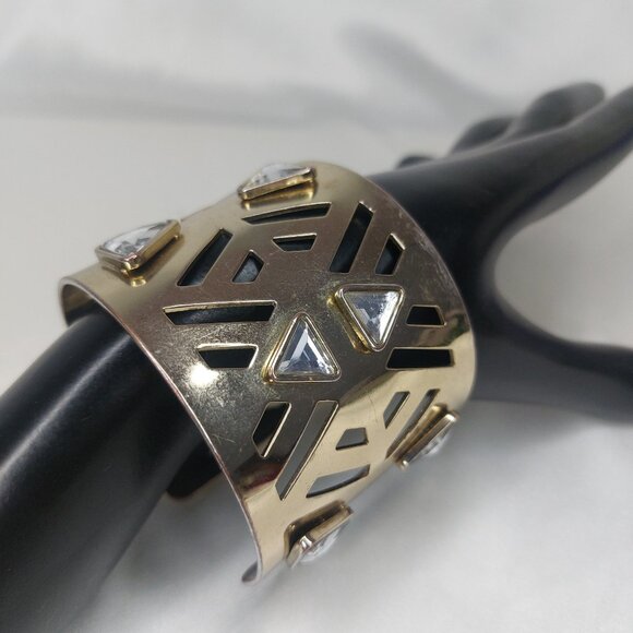 Gold Tone Wide Cuff Bracelet Geometric Cutouts Rhinestones Shiny Bold Like New - Picture 3 of 7